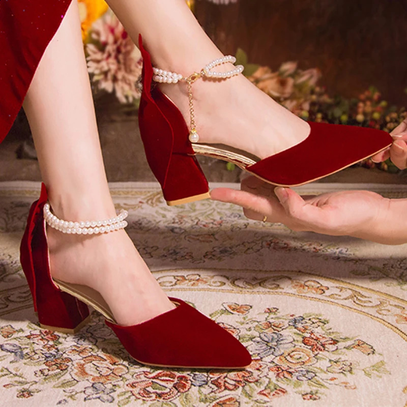 Beautiful big bow womens thick foot pump trend red suede pearl button high heels womens wedding shoes women 34-40 241223