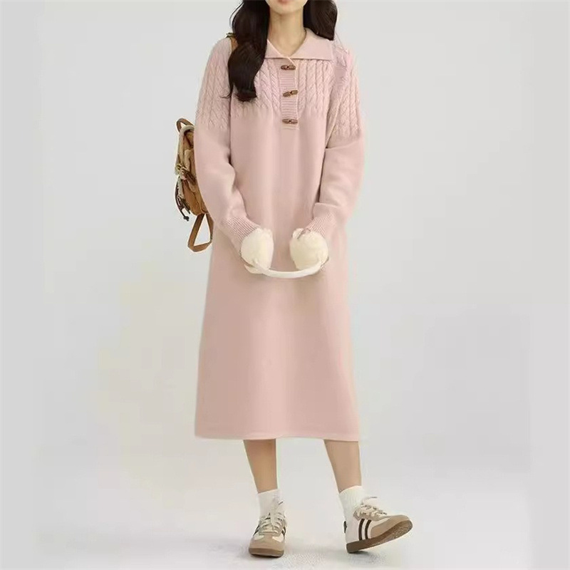L1112 Casual Korean style lapel knitted dress for women autumn and winter new loose inner wear medium-length sweater bottoming skirt