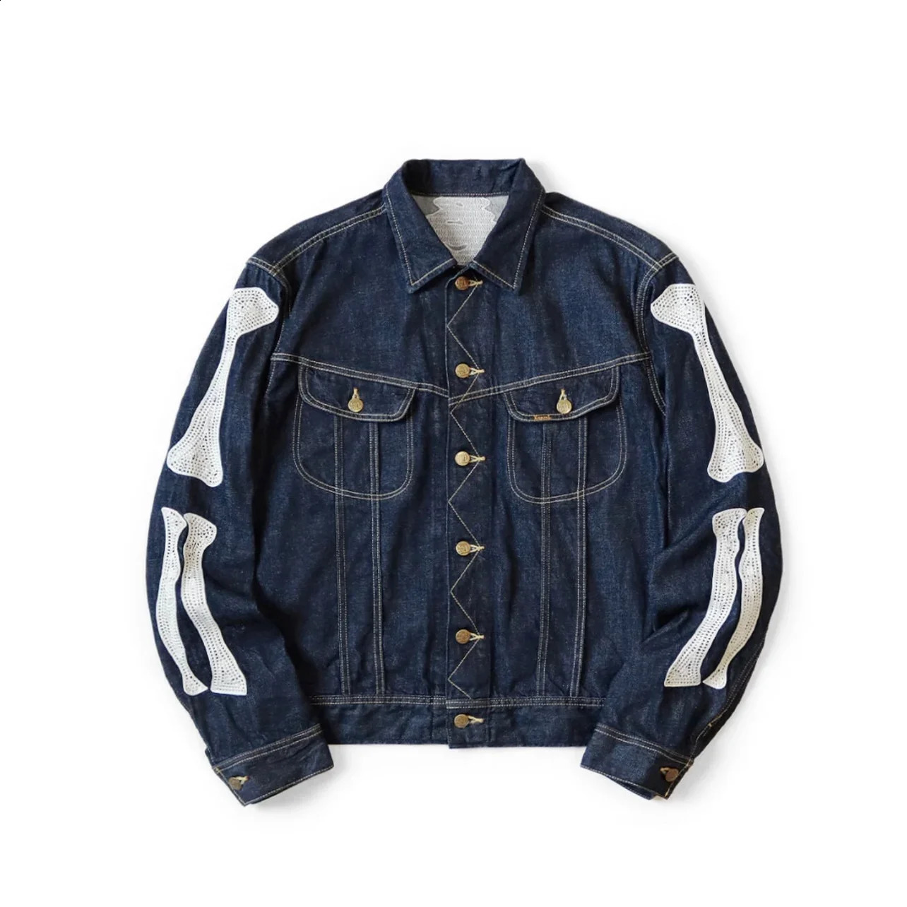 24SS KAPITAL Hirata Hiroshi Japanese Dark Blue Denim Lapel Bone Embroidery Loose Jacket High Quality Men Coats 241223