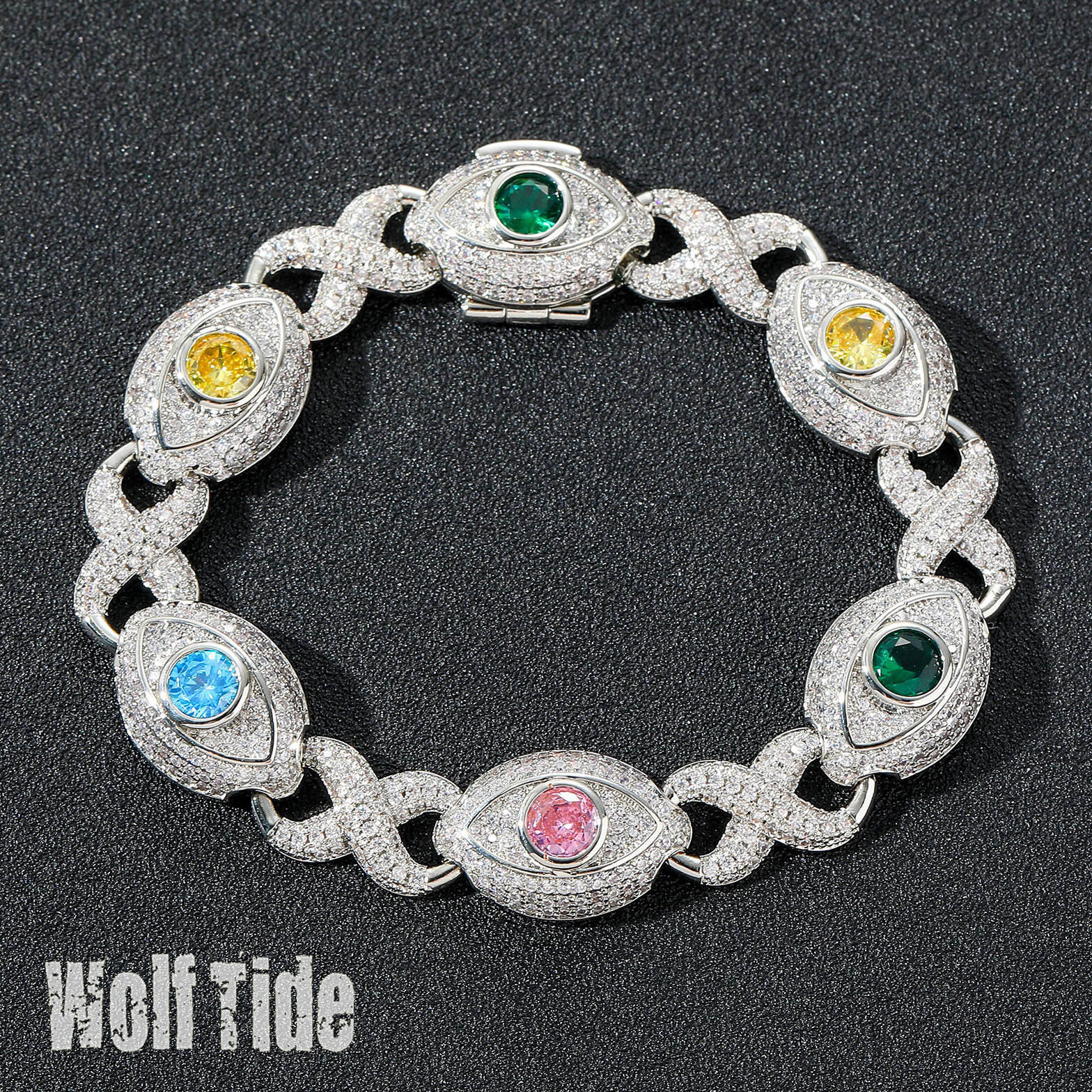 14mm Hip Hop Bracelets Eye Infinite Sign Chain Bling Colorful Cubic Zircon 8-shaped Chain Cuban Link Chain Creative Punk Rock Mens Bracelet Bijoux Pul