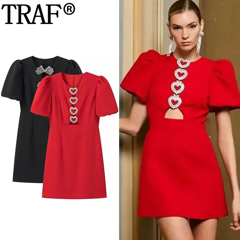 TRAF heart-shaped cut red mini dress womens summer bow black short sleeved womens puff dress elegant party dress 241223