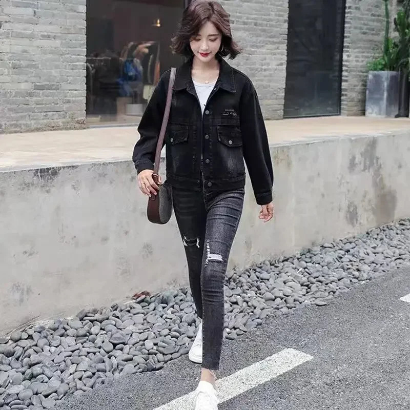 Woman Jean Coat Outerwear Small Leopard Black Denim Jacket for Women with Print Graphic Biker Short Crop Arrivals Trend 241223