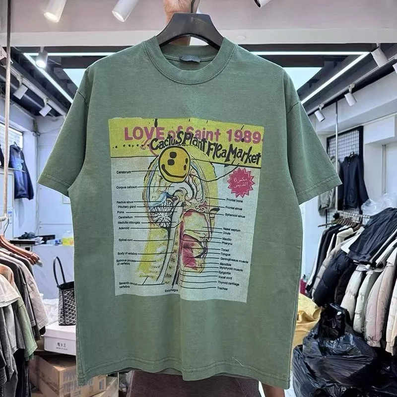 25SS Best Quality Green White High Quality T-shirt Street Vintage Fashion Print Totem Mens Womens High-end T-shirt