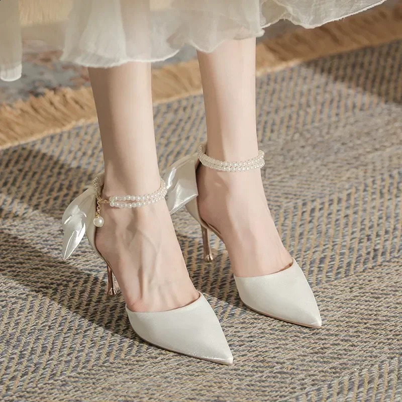 Silk Ankle Pearl White Pump 8cm High Heels Womens Pump Stiletto High Heels Sexy Bow Wedding Bridal Shoes Plus Size 241223