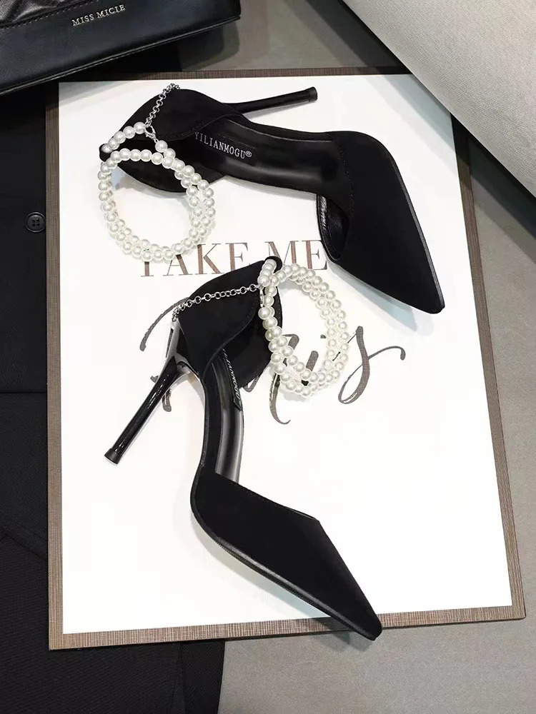Summer Bridesmaid Pearl Bow Black Stiletto High Heels Elegant High Toe Womens Single Shoes Women 241223