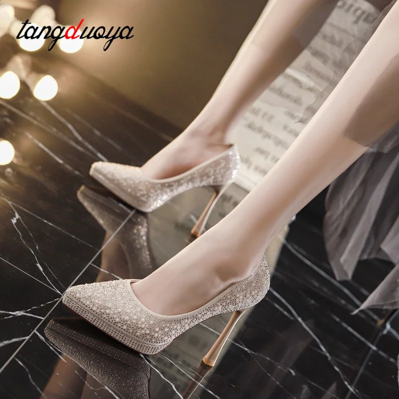 Pearl Sparkling Wedding Shoes for Women Spring er High Heels Pump Womens Thin High Heels Party Shoes Beige Silver 241223