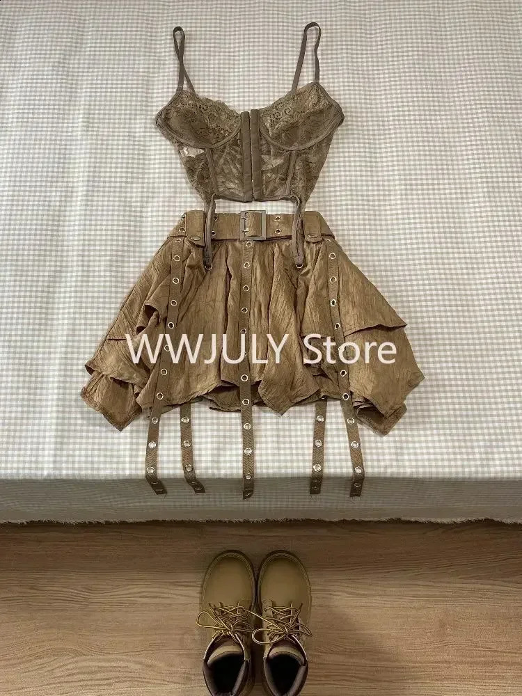 Harajuku retro fashion 3-piece womens short cardiganultra-thin vestY2k E-Girl high waisted skiing girl Korean style set 241219
