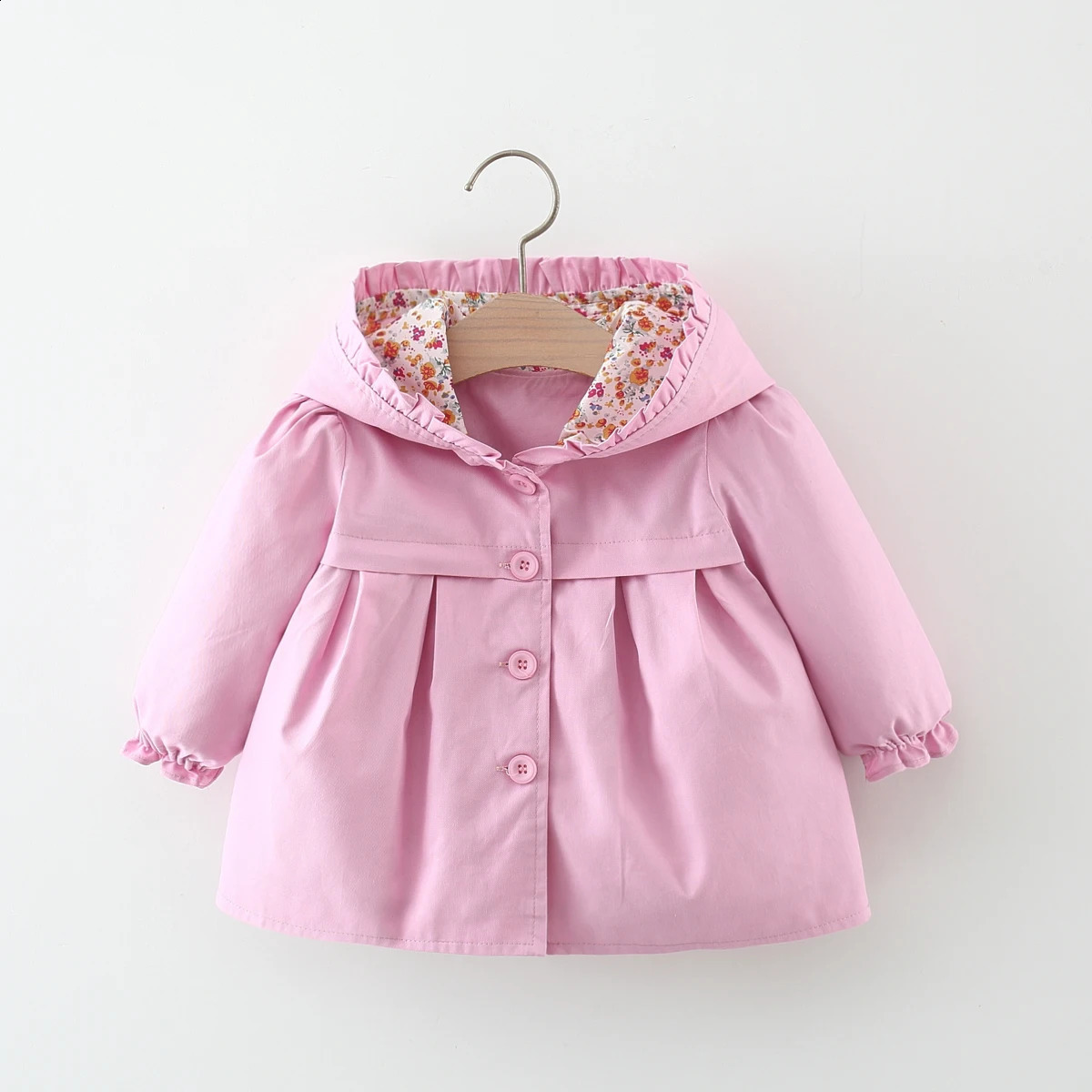 Spring and Autumn Girls Long sleeved Solid Color Hooded Windproof Coat Top Childrens Wear Jacket Mid length Korean Edition 241223
