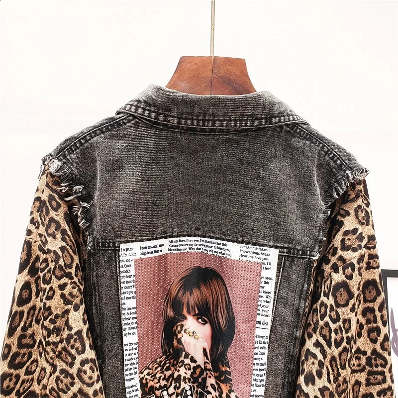 Autumn Spring Patchwork Leopard Denim Jacket Women Long Sleeve Single Breasted Loose Fit Pearls Printed Casual Short Outerwear 241223