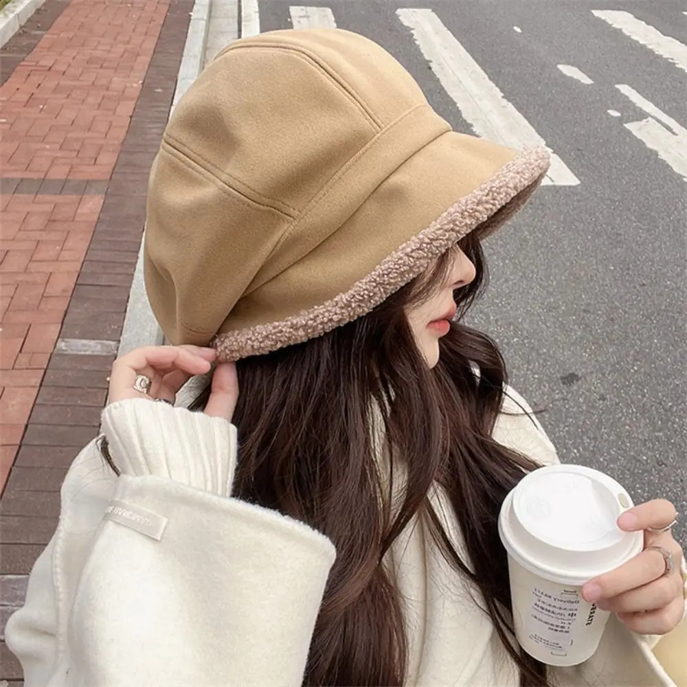 Winter Hats for Women Suede Bucket Hat Plus Velvet Lamb Hair Caps Outdoor Warm Thick Beret Wide Brim Windproof Cap Thick Hats 241223