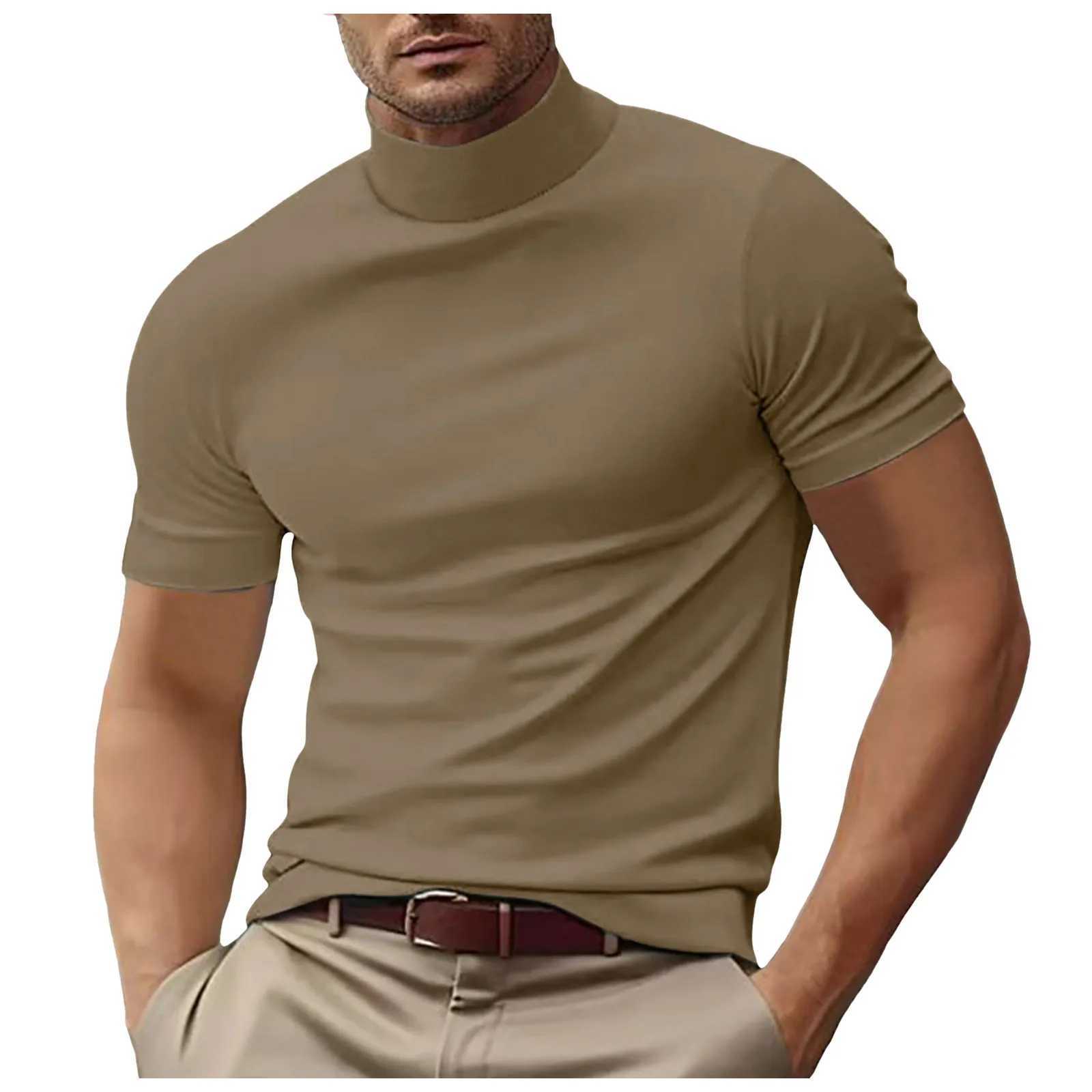 Short sleeved T-shirt mens Turtleneck shirt short sleeved Pullover underwear slim fit top mens plain T-shirt Harajuku streetwear W241223