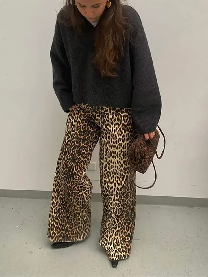 Women Causal Leopard Print Y2k High Waist Pants Baggy Wide Leg Pants Autumn Winter Fashion Vintage Straight Streetwear 241220