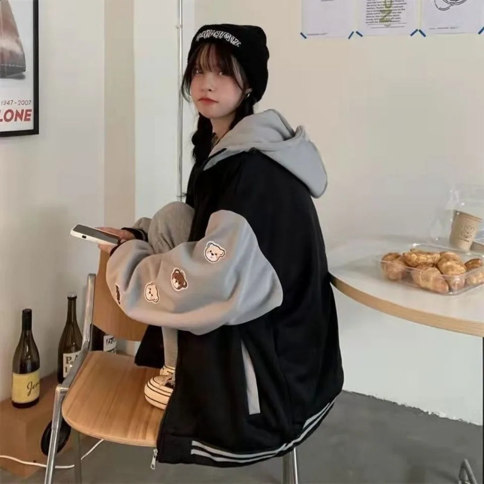 Womens Blue Print Casual Loose Jacket Baseball Hooded Coat Sports Style Autumn and Winter 241218