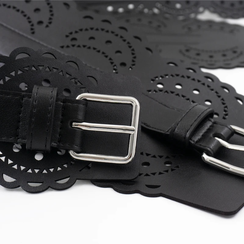 Cut out carved leather waist closure pin buckle leather wide belt dress waist geometric decoration silver buckle wide belt 241224