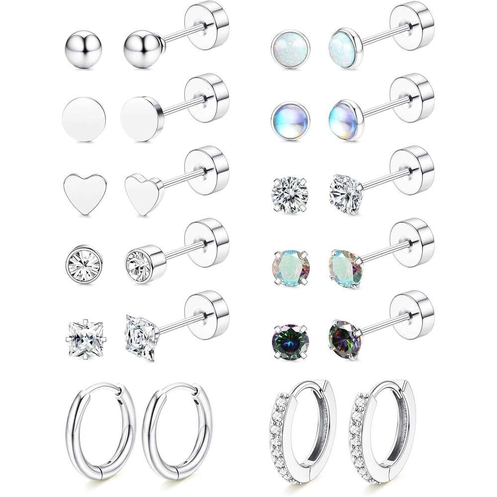Hypoallergenic Surgical Sensitive Ears-20G Flat Back for Women Men-Small Stainless Steel Studs Hoop Cartilage Earring Opal Ball CZ Flatback Earrings