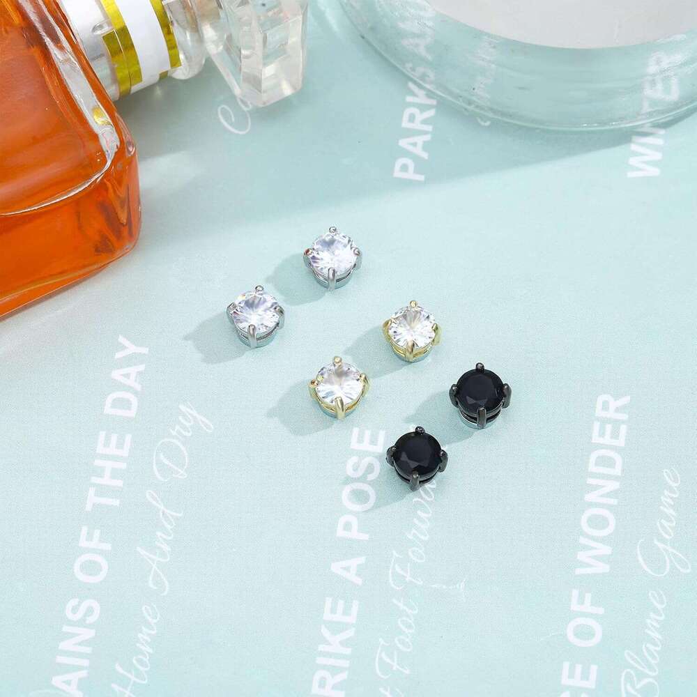 6 Pairs Stainless Steel Stud Clip on Non Piercing Unisex CZ Magnetic Dia Earrings for Women Men