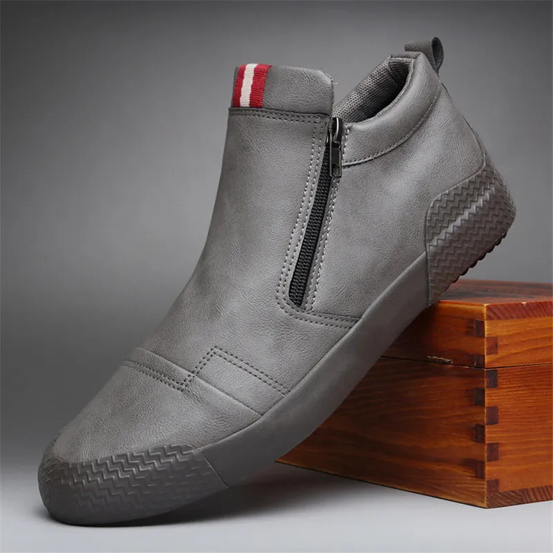 New Men Leather Casual Spring Autumn Fashion Double Zipper Trend High Tops Flat Shoes Cool Loafers Man Winter Boots