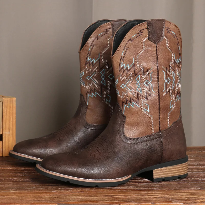 Mens Classic Retro Western Cowboy Boots Mens Fashion Patchwork Embroidery Small Leg Leather Boots er Mens Casual Shoes 241223