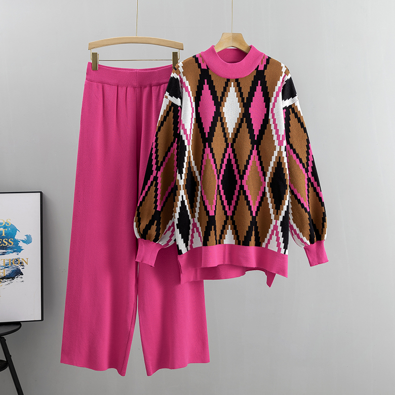 Women Knitted Two Piece Set 2023 Fashion Autumn Winter Loose Trousers Suit Casual Long Sleeve Top With Wide Leg Pants Outfits