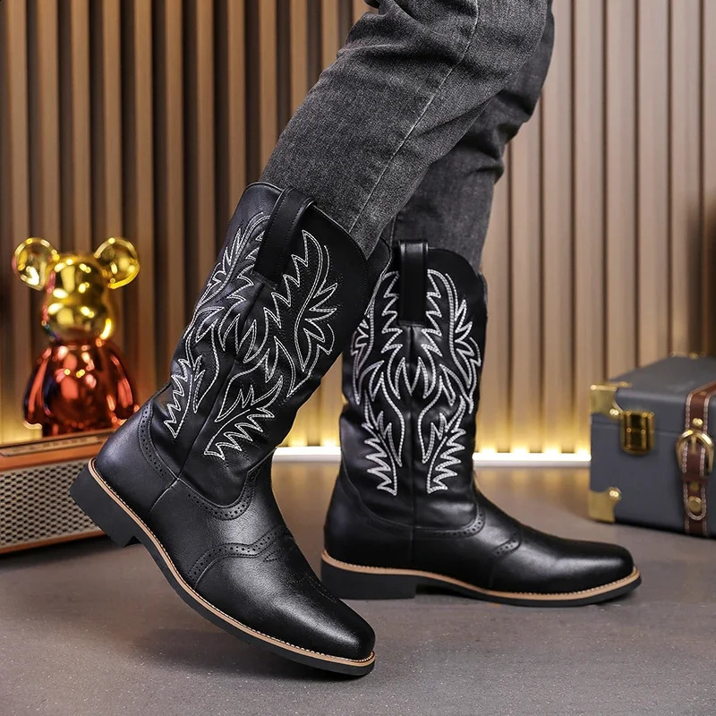 Spring and autumn mens Western cowboy boots executive embroidered boots punk mens knight boots retro wide toe leather shoes 241223