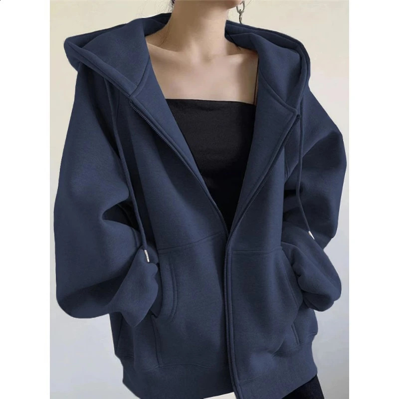 Autumn and Winter Plush Thick Hoodie Hoodie Zipper Womens Loose Sweater Lazy Style Simple Full Match Top 241224
