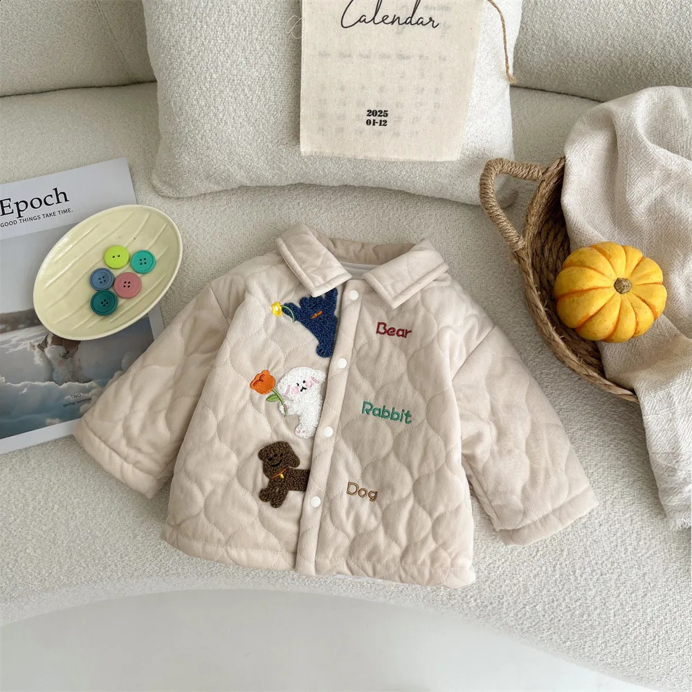 Korean Autumn Winter Baby Girls Coat Embroidered Cartoon Dog Cotton Padded Infant Girls Jacket Thick Warm Toddler Girls Parkas 241223