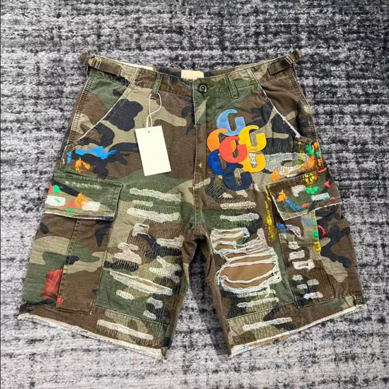 Designer Mens Camouflage Patchwork Leather Letter High Street Vintage Hip Hop Worn Work Denim Shorts Men