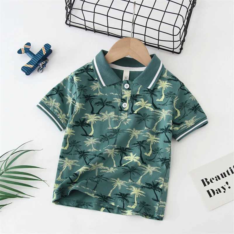 Summer Boys 2024 Korean Fashion Leisure Breathable Flip up Printed Coconut Tree/Polo Shirt/2-7 Years Old W241223