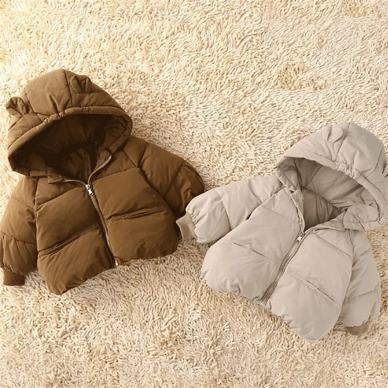 Boy Daily Down Coat Girls Casual Winter Thickened Jackets Kids Warm Hooded Fashion Outerwear Children Solid Color Cotton Parkas 241223