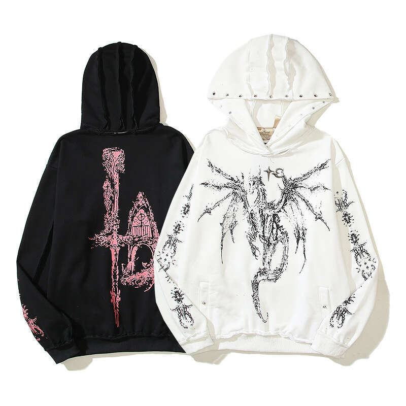 Cotton Jacket American High Street Gothic Religious Angel Cross Printed Kirin Arm Letter Hoodie Sweatshirt
