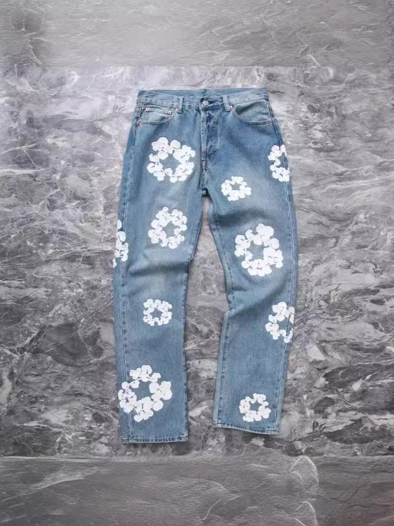 Designer 2024 New Embroidered Kapok Loose Straight Leg Casuall Mens and Womens Jeans Fashion Couple Pants