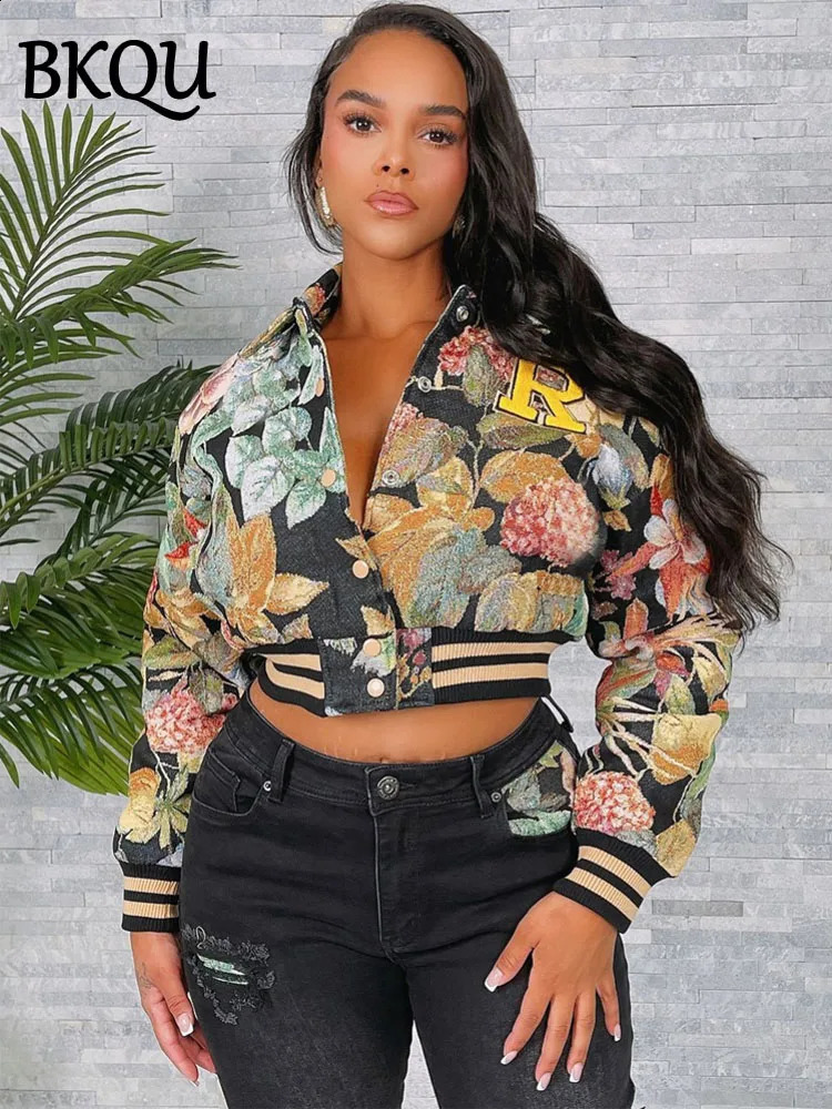 BKQU Jacquard Lapel Short Jackets Women Fashion Buttons Long Sleeve y Printed Crop Coats Vintage Y2K Streetwear 2025 241218