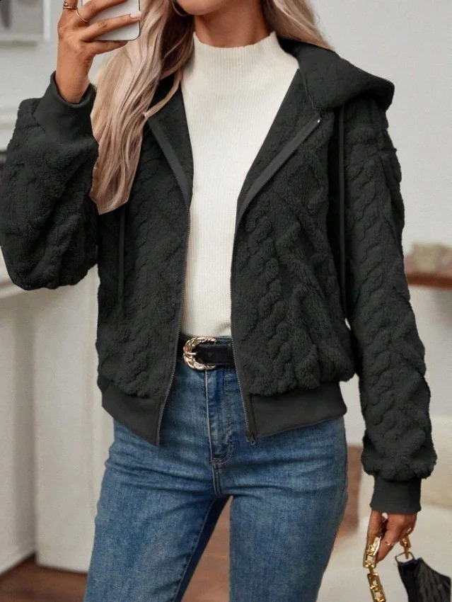 Plush Womens Coat Cardigan Zipper Hooded Short Jacket 241218