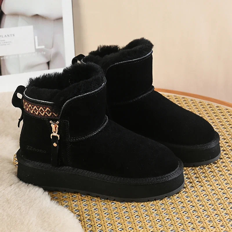 faux Wool Winter Snow Boots Women Thicken Plush Warm Cotton Padded Shoes Woman Fashion Striped Thick Platform Ankle Boots 241224