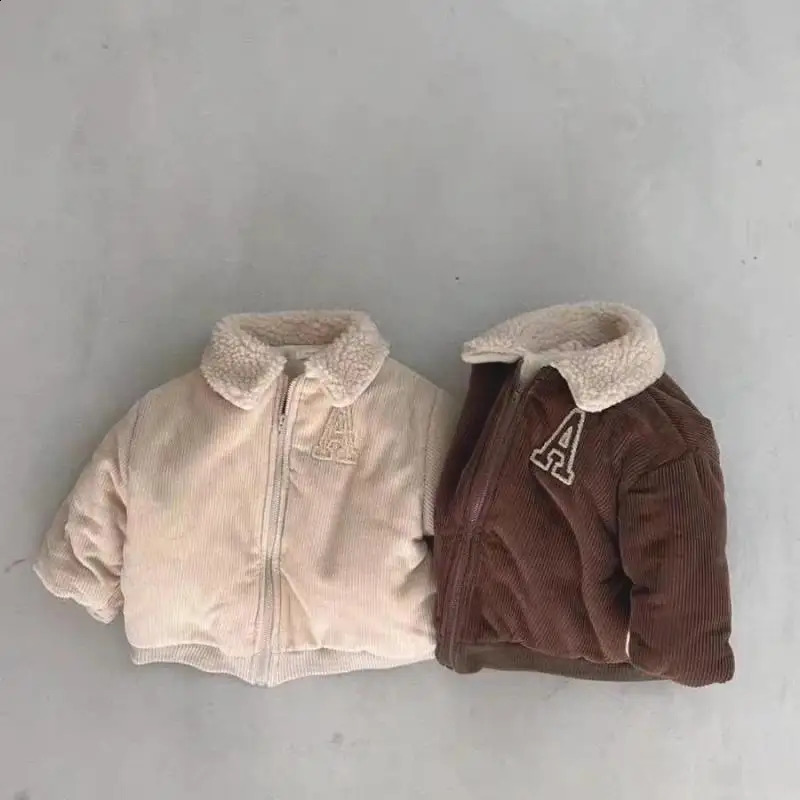 Winter Baby Letter Fleece Coat Children Long Sleeve Warm Padded Jacket Plus Velvet Thick Boy Girl Lapel Windproof Jacket 241223