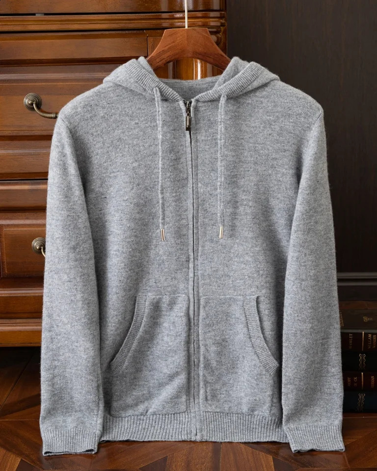24 mens autumn and winter 100% pure wool cardigan sweater pocket solid color thick sweater cashmere knitted jacket 241223