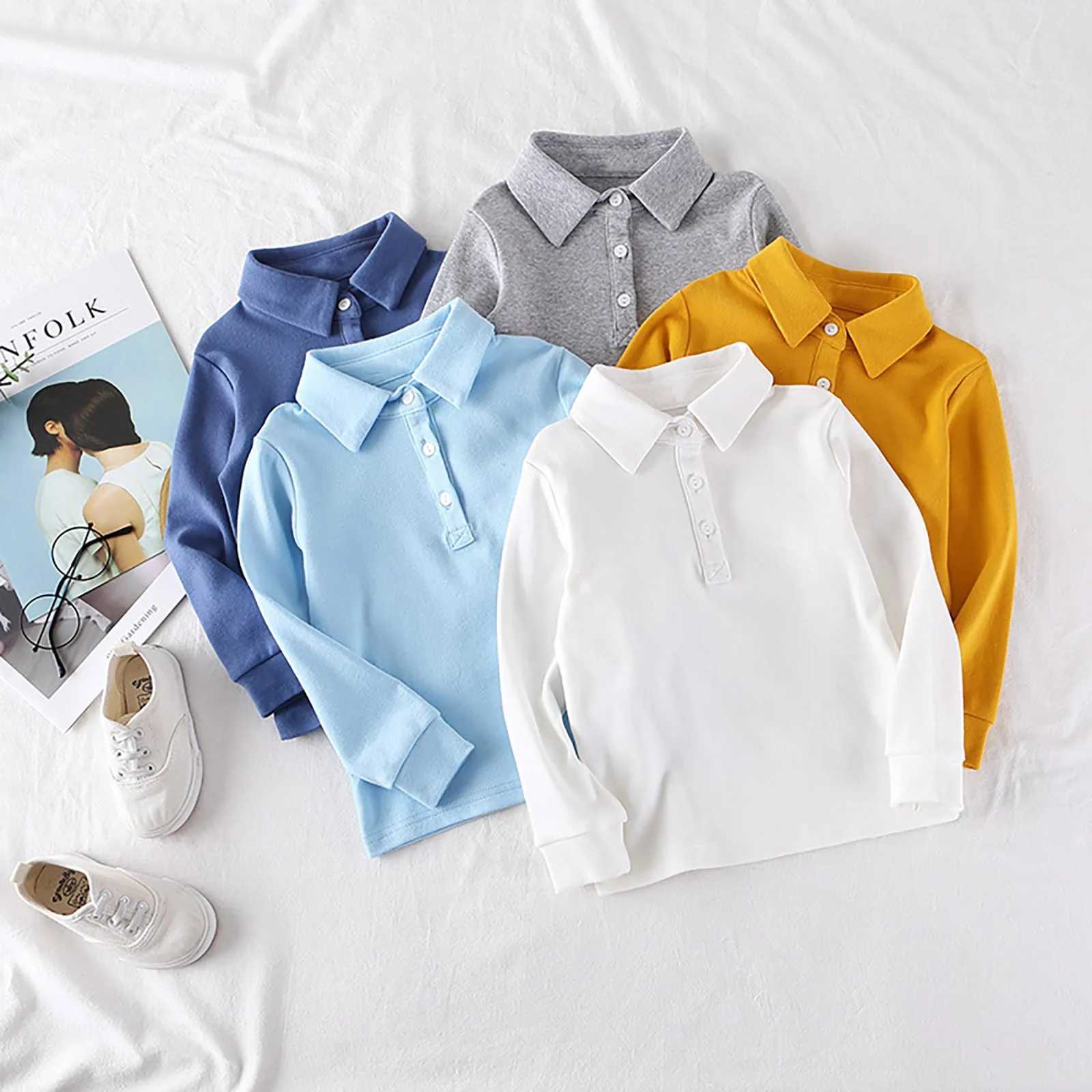 Childrens polo shirts boys and girls spring clothing lapel long sleeved T-shirts basic cotton tops childrens plain weave childrens clothing W241223