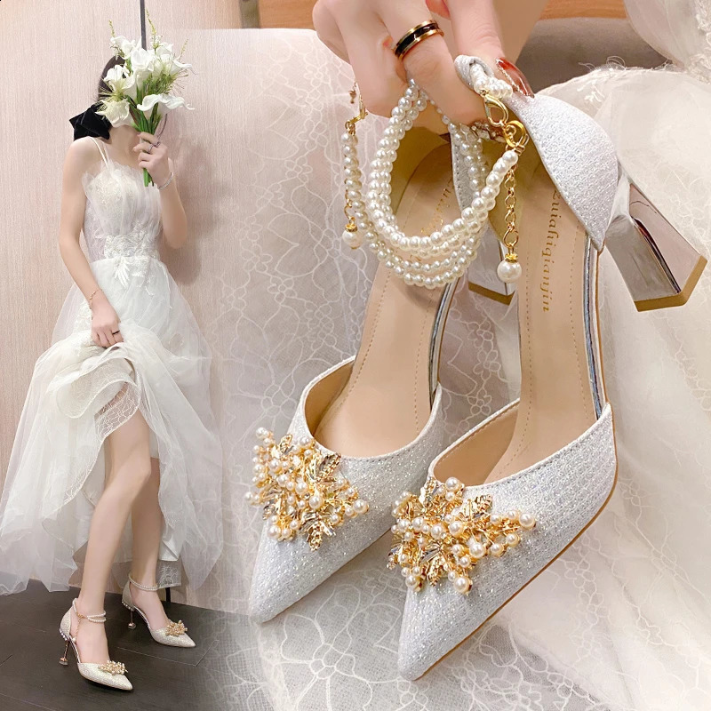 Fashion Pearl Bridal Shoes Pointed Toe Ankle Shoulder Straps Thin Boots Pump Womens Crystal High Heels Bridal Shoes 241223