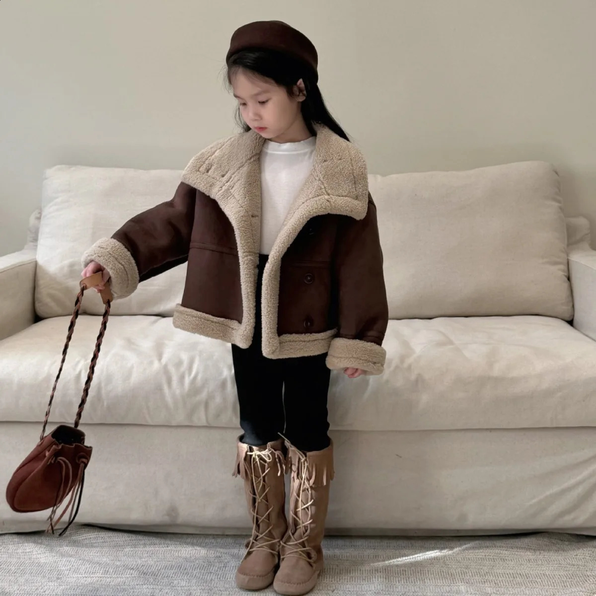 Kids Top Autumn Winter Thick Motorcycle Jacket Children Solid Fur Top Kid Outerwear Long Sleeve Coats Leather Clothing 241223