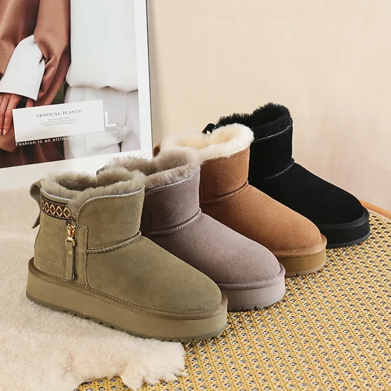 faux Wool Winter Snow Boots Women Thicken Plush Warm Cotton Padded Shoes Woman Fashion Striped Thick Platform Ankle Boots 241224