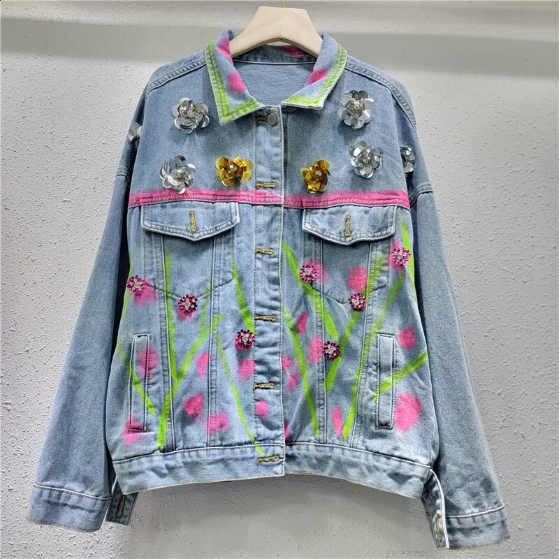 Sequin Flower Decoration Hand-painted Graffiti Printing Blue Denim Jacket Autumn Women Casual Lapel Long Sleeve Jeans Jackets 241223