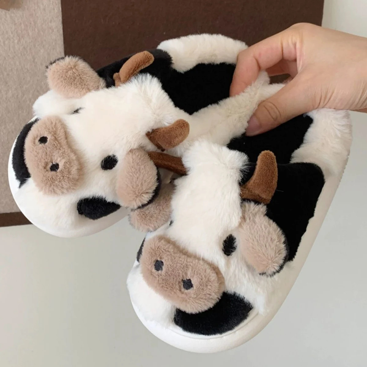 Cute Cow Winter Children Slipper Soft Heel Platform Fur Warm Indoor Comfortable Home Fluffy Home Slippers 241223