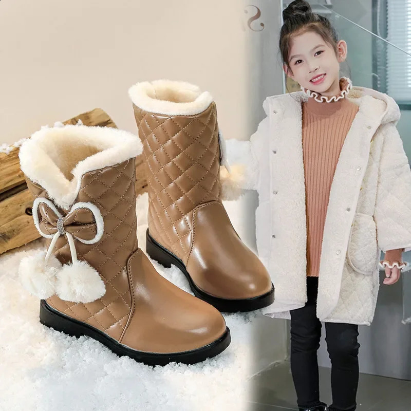 Girls Warm Boots with Bow Kids Snow Boots with Fur Plush 2024 Winter Fashion Children Princess Boots Waterproof Platform 241224bj