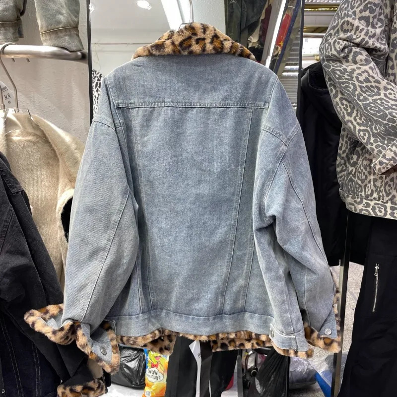 Winter Velvet Thickened Fur Integrated Plush Warm Jacket Leopard Print Lamb Wool Denim Cotton Clothes For Women 241223