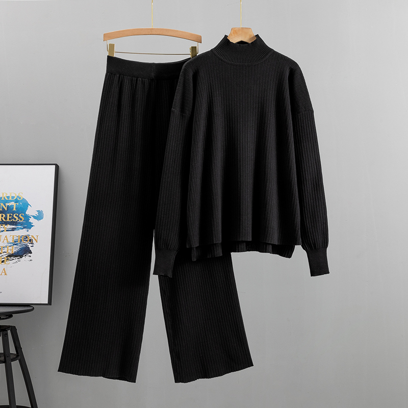 2023 2 Pieces Women Loose Tracksuit Turtleneck + Wide Leg Pants Pullover Sweater Set CHIC Knitted Outwear