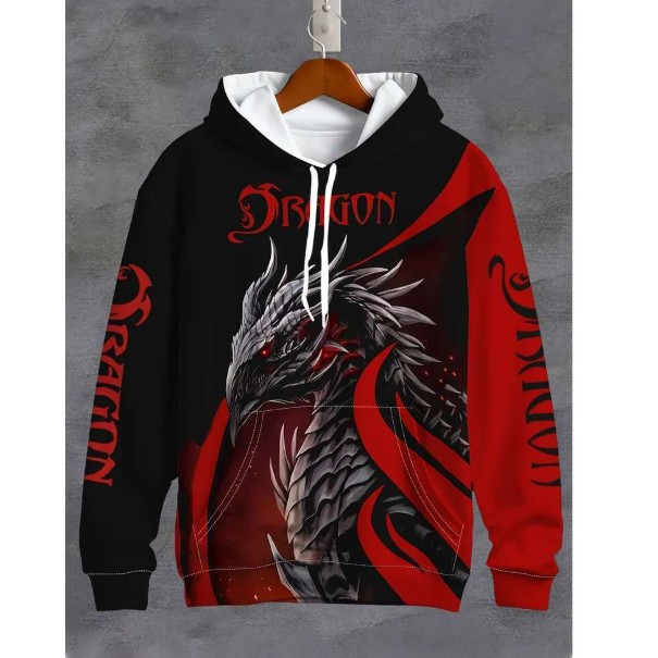 Men's 3D dragon print hooded casual long sleeved sweatshirt with drawstring pocket, polyester knitted fabric, slightly elastic pullover