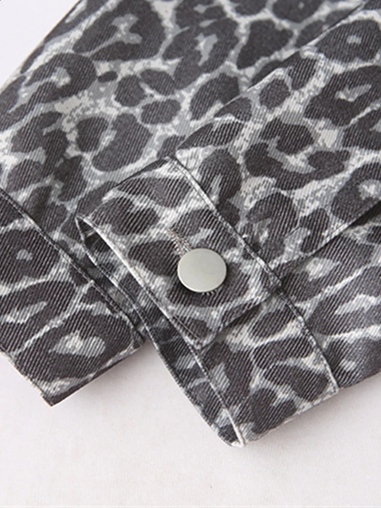 American Style Retro Leopard Print Coats Women Streetwear Fashion Long Sleeve Pockets Jackets Autumn Winter Denim Coat 241223