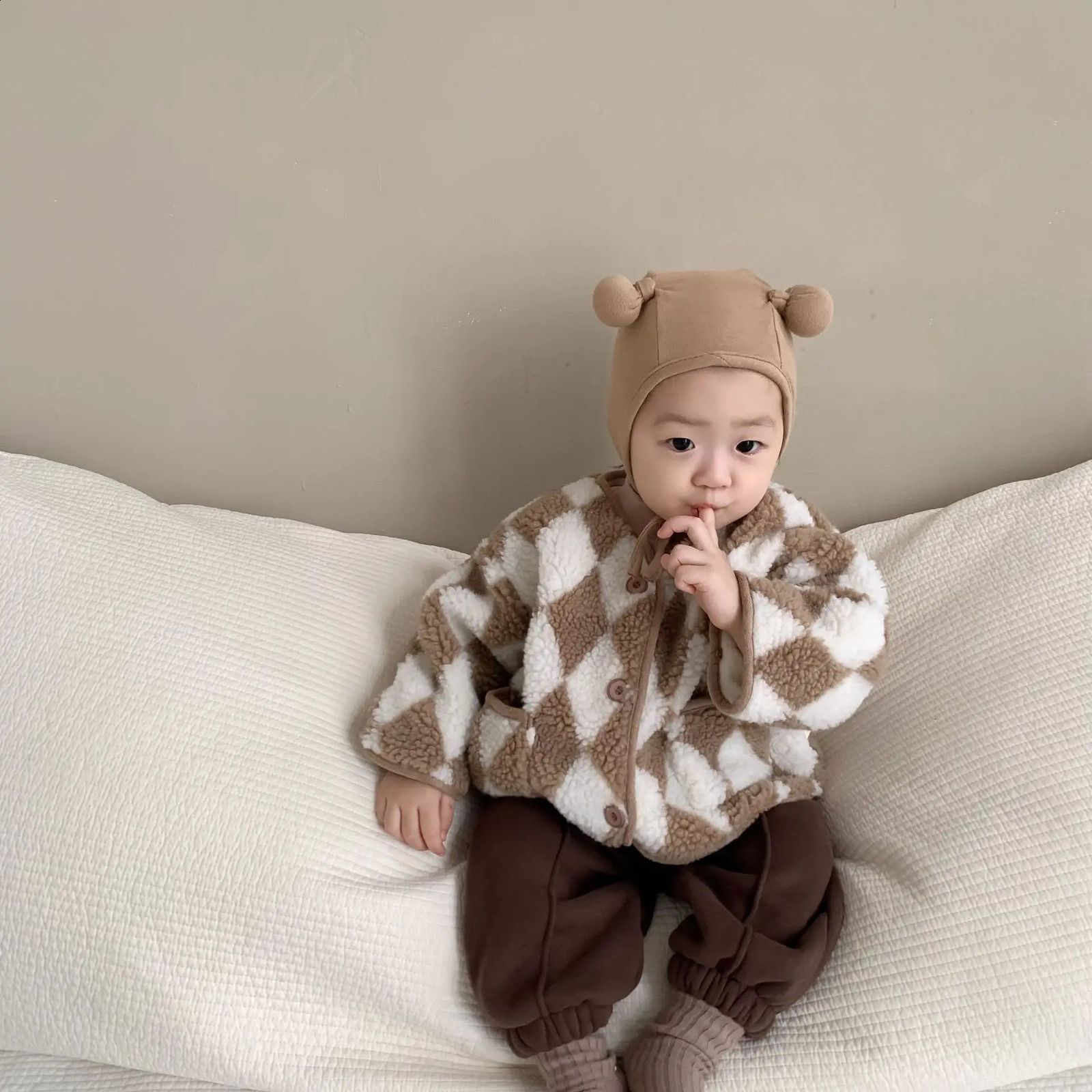 2025 Winter Baby Plus Velvet Thick Plush Coat Infant Toddler Long Sleeve Plaid Clothes Boy Girls Fleece Warm Cardigan Jacket 241223