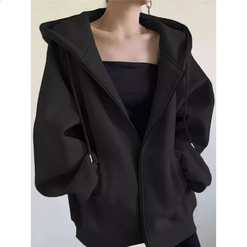 Autumn and Winter Plush Thick Hoodie Hoodie Zipper Womens Loose Sweater Lazy Style Simple Full Match Top 241224
