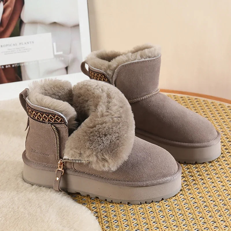 faux Wool Winter Snow Boots Women Thicken Plush Warm Cotton Padded Shoes Woman Fashion Striped Thick Platform Ankle Boots 241224